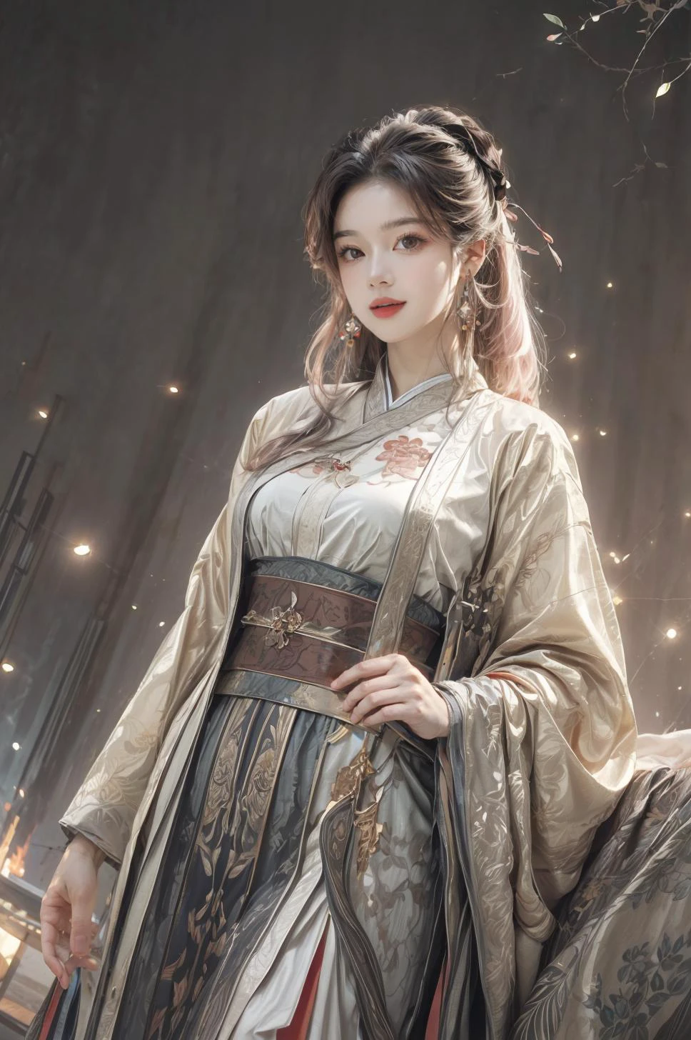 <(best quality, extremery best quality, masterpiece:1.4), (realistic, intricate details:1.4), (photorealistic:1.4), (extremely intricate:1.4), highres, ultra highres, ultra detailed, ultra-detailed, absurdres, incredibly absurdres, extremely detailed, high quality, high resolution, hyperrealistic, ultra-realistic, hyper-detailed, top quality, best, fine detail, massive detail, Highly detailed, extreme detailed, highest detailed, high-res, absolutely resolution, reflection, (refraction:1.4), (hyperrealism:1.4)>, BREAK, (1girl:1.3), solo, looking at viewer, (young cute beautiful 18-year-old girl:1.4), 3d face, (hand of Guido Daniele:1.4), beautiful girl, Beautiful face, pretty, girlface, kpop idol, supermodel, stunning innocent symmetry face, perfect body, medium breast, slim waist, slim legs, (high detailed skin:1.5), glowing eyes, goddess, natural skin texture, shiny skin, White skin, Beautiful detailed face, detailed face, real skin texture, cute delicate face, finely detailed face, golden ratio, golden ratio face, expressive eyes, perfect face, perfect skin, flawless face, clear face, shiny hair, pale skin, Proper body proportion, perfect anatomy, realistic skin texture, luscious lips, glossy lips, natural makeup, beautiful bright pupils, slender figure, intricate eyes, detailed pupils, detailed face and eyes, longeyelashes, blush, good hand, perfect hands, pretty face, beautiful female bodies, finely detailed skin, oily shiny skin, clean facial features, an extremely delicate and beautiful, cute & girly, beautiful detailed eyes, stars in the eyes, detailed simmetric eyes, perfect smooth skin texture, BREAK, (((((brilliant colors, (joshua middleton comic cover art, theater dance scene, hypermaximalist, ink painting, instagram contest winner:1.3), (Glowing ambiance, enchanting radiance, luminous lighting, ethereal atmosphere, mesmerizing glow, evocative hues, captivating coloration, dramatic lighting, enchanting aura:1.2), (moon, palace, Hibiscus, nymphaea, plum blossoms, a girl in hanfu, melanchonic soft light, photorealistic faces, moody lighting:1.4), (night, Night time, moon light, Golden Hour, sky, landscape, stars, starry, galaxy sky, milky way, night sky full of stars:1.2), (dancing, mountain, river, old tree, Ribbon, Elegant, She soared through the air in her flowing dress and fluttering ribbons, Graceful and graceful, pine trees, birds, moss, there is orange cat sitting near girl:1.2), (hanfu, traditional clothes, braids, water, jewelry, chinese clothes, earrings, sash, long sleeves, tree, petals, hair ornament, floating hair, dress, rock, falling petals, flower, chinese traditional architecture, ancient art, chinese style, Chinese, lake background, chinese buildings, misty lake, ancient chinese background, after the rain, wet grass and trees, waterfall, flying splashes, flying petals, leaves, bloom, bloom effect, surrounded by heavy floating petal flow, petal, leaves falling from the tree, peaceful atmosphere, mountainous backdrop, authentic cultural experience, quiet whispers, hushed conversations, tranquil silence, crisp air, soulful melodies, a sense of belonging, bonding with nature, quiet reflection, random patterns, energetic movement, bold colors, dynamic texture, spontaneous creativity:1.2), (smile, blush, Pink hair, Pink eye, long hair, Pink eyelashes, Pink lips, Pink lip colour, Eyes glowing Pink, flat bangs, happy expression, warm smile, cute smile, smiling:1.4), (long_hair, mountain background, forest, river in background, landscape, water reflection, outdoors:1.3), (mountains, breeze, dust is drifting, ethereal, scenery, nature, mysterious background, fog, wind:1.2), (iridescent colors, Iridescence, mysterious, fantasy background, fantasy, open mouth:1.2), (Luminescent Particles:1.3), (fullbody:1.2), (eye focus, face focus, character focus, close-up face:1.2), (dutch angle, cowboy shot:1.3), colorful refraction)))), BREAK, <cinematic portrait, analog film photography, film emulation, bokeh, blurry noise background, watercolor, available light, detailed light, volumetric fog, beautiful lighting, Rembrandt lighting, Cinematic, pixel art, game art, key visual, surreal, PBR Texturing, Anisotropic Filtering, Maximum Clarity And Sharpness, Albedo And Specular Maps, Multi-Layered Textures, Surface Shading, Sub-Pixel Convolution, Sub-Pixel Convolution, Accurate Simulation Of Light-Material Interaction, blurry foreground, broad light, volumetric light effect, matte painting, perfectly defined features, volumetric lighting, Tone Mapping, Lumen Reflections, Global illumination, Ray Tracing, Screen Space Global Illumination, Accent Lighting, 32k, Natural Lighting, volumetric, cinematic masterpiece, Rule of thirds, high dynamic range, Multi-exposure HDR capture, cinematic render, game cg cinematic, atmospheric perspective, movie scene, epic dynamic frame, motion blur, ((cinematic look, Film look)), rim light, 4k textures, adobe lightroom, photolab, insane details, hyperdetailed, exposure blend, professional color grading, professional color correction, aerial perspective, particles and dust in beams of light, cinematic scene, dynamic lighting, sharp details, lomography, soft focus, light leaks, bold hues, atmospheric depth, (explosive light and shadow:1.2), aesthetics, intricate designs, ultra realistic digital art, (zentangle, mandala, tangle, entangle), (fractal art), elegant, vivid colours, floating particles, particles, dramatic, epic, (ink drawing, oil painting detailed), RAW, huge filesize, extremery detailed CG, Photo, 8k uhd, cinematic atmosphere, trending on artstation, award-winning glamour photograph, highly detailed photo, official art, beautiful and aesthetic, unity 8k wallpaper, beautiful, highly detailed CG illustration, best illustration, intricate, Amazing, emotional, analog, painting, digital painting, concept art, Oil Painting, illustration, Classical art, Renaissance, Romanticism, Neoclassicism, Color Palette, depth and contrast, Vibrant colors, saturated, rich saturation, color harmony, vivid palette, concept-art, design style, detail character, concept render, colorful, analog photography, dreamy atmosphere, specular highlights, atmospheric lighting, (dynamic angle, dynamic pose :1.3), (shiny, clothes reflecting light, lens flare, bloom effect, light particle, lens glare:1.3), realistic lighting, cinematic light, (cinematic lighting), light in the face, soft lighting, saturated colors, detailed background, sharp focus, 8k high definition, perspective, Master Composition, roughness, post-processing, soft shadows, realistic shadows, ambient occlusion, ray-tracing, subsurface scattering, photon mapping, physically-based rendering, octane rendering, unreal engine 5, ue5 rendering, Adobe After FX, dslr, RTX, Best character details, radiosity, sharp, antialiased, RAW photo, HDR, 8k, 4k, (((Photographed by Roger Deakins, using a RED Monstro 8K VV camera and a series of high-end lenses))), ((Hasselblad photography)), (film grain:1.4), Kodak portra 400, ((Fujifilm X-T5)), professional photograph, depth of field, caustics, Broad lighting, diffuse lighting, rim lighting, two tone lighting, textile details, visible pores, high resolution scan, professionally color graded, photographic reality, automatic white balance, best lighting, detailed shadow, high contrast, strong light and shadow>, (PureErosFace_V1:0.7), (ulzzang-6500:0.7), <lora:epiNoiseoffset_v3:2>, <lora:add_detail:0.7>, <lora:hipoly_3dcg_v7-epoch-000012:0.7>, (kbxll:0.7), <lora:more_details:0.7>, <lora:anxiang:0.55>
