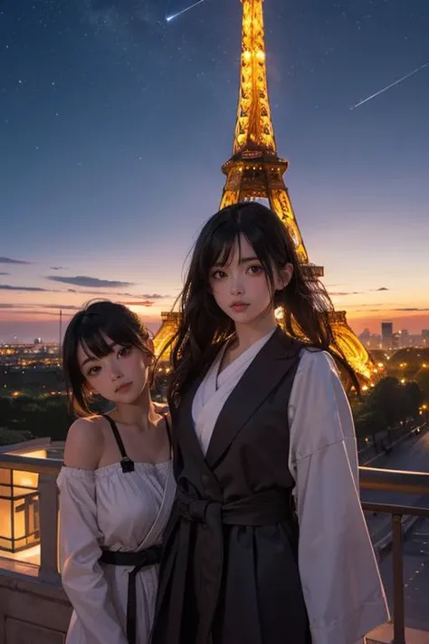 multiple girls, multiple shinobi, black hair, eiffel tower, night sky,