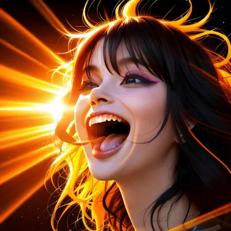 Beautiful woman, fractal hair, colorful ink contour silhouette, maniacally laughing with mouth open wide, (intense stare:1.1), realistic, sun rays, high resolution