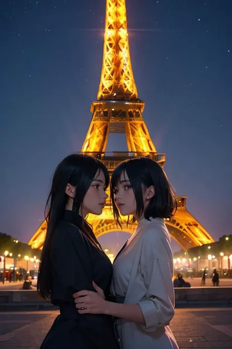 multiple girls, multiple shinobi, black hair, eiffel tower, night sky,