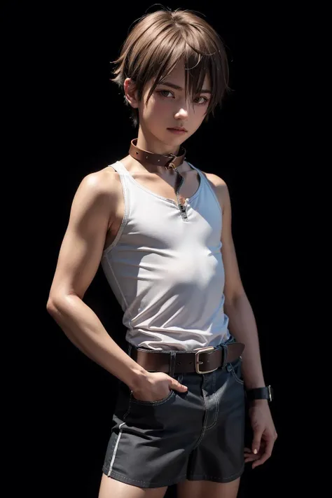 masterpiece, best quality, highly detailed, illustration, realistic, photo-realistic, , athletic, 1boy, , , hair between eyes, detailed eyes, petite, young boy, boy, 16 yearchest, thin thighs, sleeveless shirt, miniskirt, belt, , , collar, , looking at viewer, , , simple background, <lora:LowRA:0.5>
