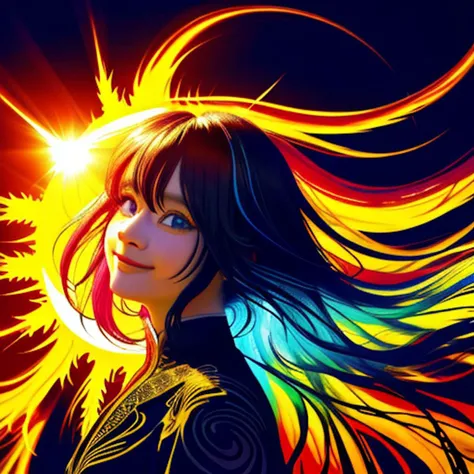 Beautiful smiling woman, fractal hair, colorful ink contour silhouette, (eye contact:1.3), (intense stare:1.1), realistic, sun rays, high resolution