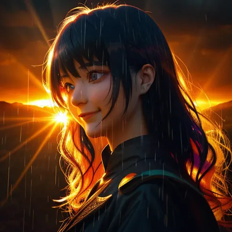 Beautiful smiling woman, fractal hair, colorful ink contour silhouette, rain, (eye contact:1.3), (intense stare:1.1), realistic, sun rays, high resolution