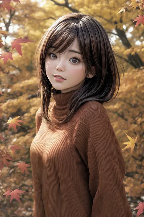 rare angle, [:(detailed face:1.2):0.2], extra resolution, portrait of (AIDA_PiperAkira:1.15) as cute 20yo girl in the (autumn:1.5) park, reddish brown eyes, big eyes with elegant eyelashes, black hair, (wearing warm red sweater:1.3), (sweater:1.3), smiling, funny, playful, flirting, standing, intimate, dolly short, dynamic pose, (falling leaves:1.3), hyperrealism, highly detailed background, 8k wallpaper, soft lighting, high quality, (photorealistic:1.3), kkw-ph1, <lora:add_detail:1>, <lora:tangbohu-detailer_1.0:1>, yellow theme