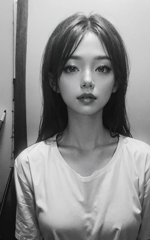 white shirt, pencilsketch, (monochrome:1.2), 1girl, solo,