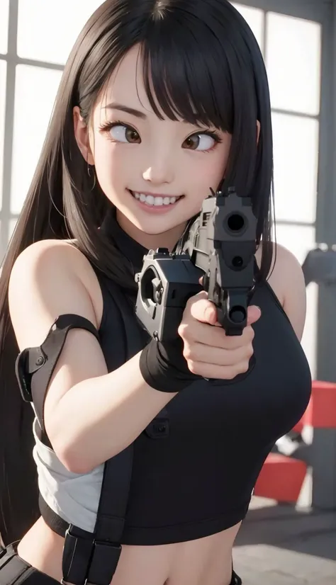 1girl, grey eyes , long hair , aiming at viewer, holding pistol, handgun, masterpiece, detailed shadows, detailed light, highly detailed, best quality, HD, 4K, high quality, <lora:aimingAtViewer_v1:0.8>
<lora:CrossEyes:0.75>crossed-eyes <lora:ziya:0.6> smile, teeth,ziya, looking at viewer, tifa lockhart, <lyco:GoodHandsB2:1.0> army suit,