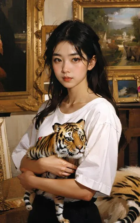 (oil painting:1.2), a woman hold a tiger, white shirt, (Atey Ghailan:0.2), (stanley artgerm lau:0.2), (a detailed painting:0.2), (gothic art:0.15),
