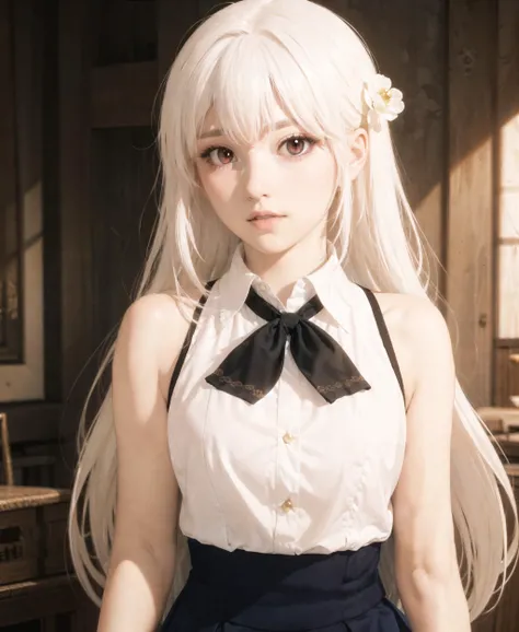 realistic:0.8,photorealistic:1.2,ultra detailed,masterpiece,8k illustration,extremely detailed CG unity 8k wallpaper,best quality,absurdres,official art,detailed skin texture, detailed cloth texture, beautiful detailed face, intricate details, ultra detailed, best lighting, ultra high res, 8k uhd, film grain,dramatic lighting,delicate,BREAK,
1 girl,ninym ralei,(blush:1.2),beautiful detailed face,skinny,beautiful detailed eyes,medium breasts, shirt, ahoge,straight long hair, red eyes, white shirt,sleeveless, bare shoulders, bangs, skirt, sleeveless shirt, white hair, indoors, upper body, collared shirt,high-waist skirt, lips, blue skirt, (gold hair ornament:1.2),black ribbon,big pupil,russian,pointy nose,BREAK,
dynamic angle,uncensored,perfect anatomy:2.0,<lora:Hidari2:0.6>,<lora:animeoutlineV4_16:0.3>,<lora:epi_noiseoffset2:0.7>, <lora:skinny_new_skin:0.2> ,BREAK,
forest,floating hair
