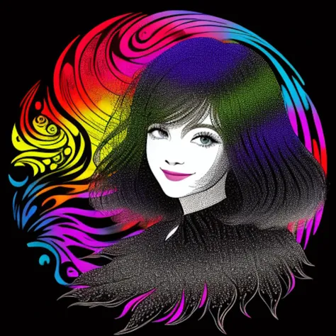 Smiling beautiful woman, fractal hair, colorful ink contour silhouette