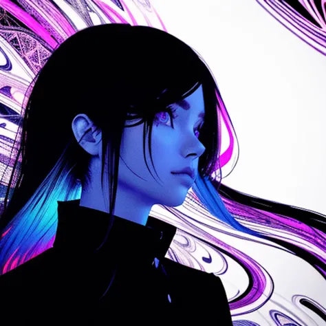 Beautiful woman, fractal hair, colorful ink contour silhouette, (eye contact:1.3), (intense stare:1.1), realistic, high resolution