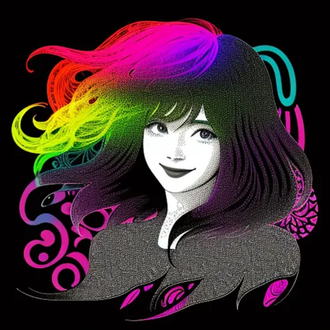 Smiling woman, fractal hair, colorful ink contour silhouette
