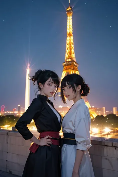 multiple girls, multiple shinobi, black hair, eiffel tower, night sky,