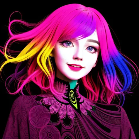 Laughing beautiful woman, fractal hair, colorful ink contour silhouette, (eye contact:1.3), (intense stare:1.1), realistic, high resolution