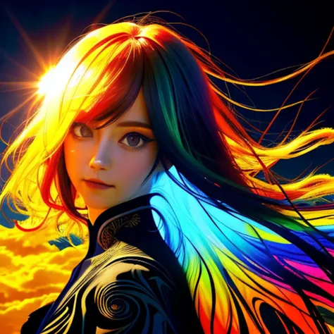 Beautiful woman, fractal hair, colorful ink contour silhouette, (eye contact:1.3), (intense stare:1.1), realistic, sun rays, high resolution