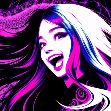 Beautiful woman, fractal hair, maniacally laughing with mouth open wide, colorful ink contour silhouette, (eye contact:1.3), (intense stare:1.1), realistic, high resolution