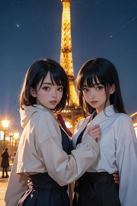 multiple girls, multiple shinobi, black hair, eiffel tower, night sky,