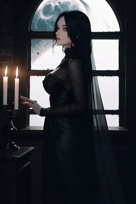 a beautiful goth woman. tall, age 35, slim, brooding. long flowing dress, veiled. cloudy night, candlelight, moon through window.
