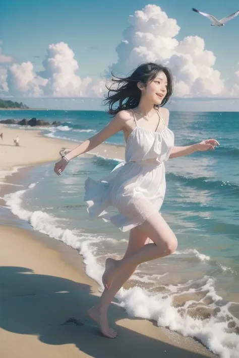 (masterpiece), (best quality), (high resolution), (realistic:1.3), hyper detailed, solo, girl, detailed background, landscape, beach, crinum, clear water, (Altocumulus clouds:1.3), <lora:bluetheme skywater:0.5>, blue theme, (blue sky, blue water), BREAK
Running Woman and Shiba Inu on a Summer Beach, a carefree scene of a woman sprinting along the sandy shoreline, her hair flowing in the breeze, accompanied by a lively Shiba Inu bounding alongside, joyous energy in the summer sun, seagulls soaring above, vibrant beach colors, high-resolution digital artwork, captivating illustration, a perfect moment of seaside bliss.