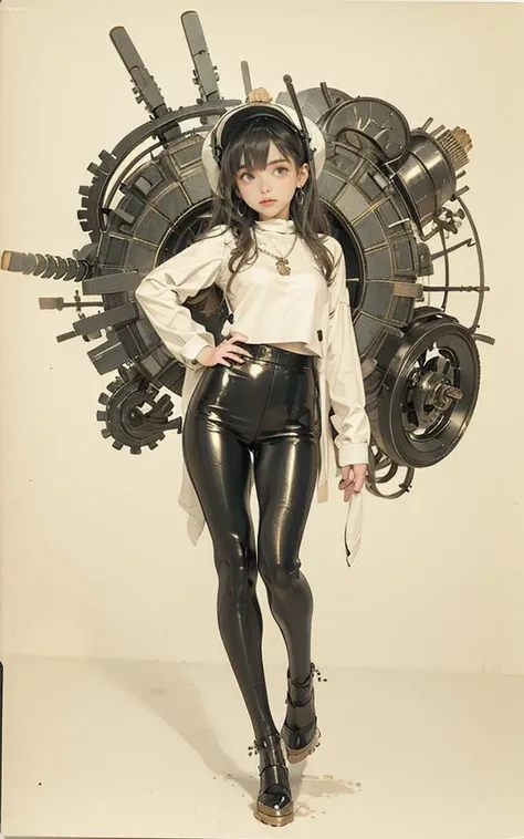 1girl, solo, <lora:meihua:0.7>, Mechanical Headwear, full body, mechanical arm, earrings, looking at viewer, mechanical necklace, Positive symmetrical composition, brown eyes, Robot Background, Diamond, <lora:MG_jijia:0.6>,