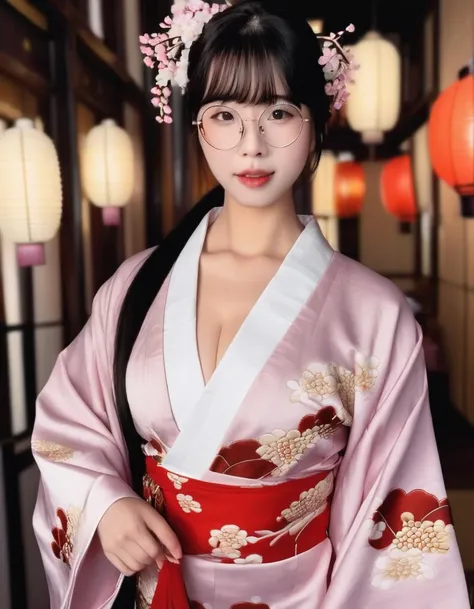 raw photo,glasses,A realistic image of a beautiful Japanese woman walking in Kyoto, wearing a sensual kimono. She should be gracefully walking along a traditional Kyoto street, perhaps near a temple or a cherry blossom tree. Her kimono should be intricate and colorful, yet sensual, perhaps with a lower neckline or a slit that adds a modern, sexy twist to the traditional attire. Her expression should be serene and slightly mysterious. The lighting should be soft and natural, enhancing the colors of the kimono and the natural beauty of the setting. The image should evoke a sense of elegance and allure,<lora:muranaga:0.65> ,muranaga