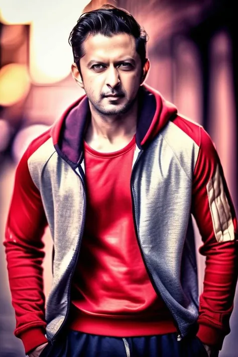 jeff goldblum a man <lora:Vatsal-Sheth_Jeff-Goldblum:1>, realistic photo in a worn ((skin-revealing skimpy erotic red tracksuit, massive hairy pecs)), big pecs, big arms, bulge, VPL, ((light bokeh)), intricate, (steel metal [rust]), elegant, erotic, exuding sexual energy, homoerotic, sharp focus, photo by greg rutkowski, soft lighting, vibrant colors, (masterpiece), ((streets)), (detailed face), looking at viewer, light smile, night, walking towards viewer, cinematic lighting, beautiful lighting, cinematic lighting, (hazy filter, film grain:1.2)