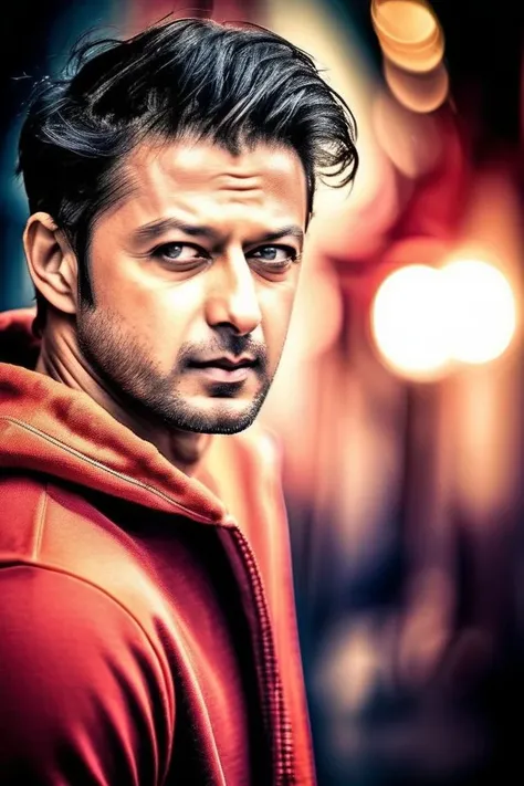 jeff goldblum a man <lora:Vatsal-Sheth_Jeff-Goldblum:1>, realistic photo in a worn ((skin-revealing skimpy erotic red tracksuit, massive hairy pecs)), big pecs, big arms, bulge, VPL, ((light bokeh)), intricate, (steel metal [rust]), elegant, erotic, exuding sexual energy, homoerotic, sharp focus, photo by greg rutkowski, soft lighting, vibrant colors, (masterpiece), ((streets)), (detailed face), looking at viewer, light smile, night, walking towards viewer, cinematic lighting, beautiful lighting, cinematic lighting, (hazy filter, film grain:1.2)
