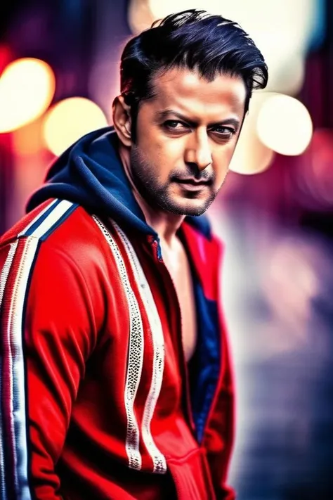jeff goldblum a man <lora:Vatsal-Sheth_Jeff-Goldblum:1>, realistic photo in a worn ((skin-revealing skimpy erotic red tracksuit, massive hairy pecs)), big pecs, big arms, bulge, VPL, ((light bokeh)), intricate, (steel metal [rust]), elegant, erotic, exuding sexual energy, homoerotic, sharp focus, photo by greg rutkowski, soft lighting, vibrant colors, (masterpiece), ((streets)), (detailed face), looking at viewer, light smile, night, walking towards viewer, cinematic lighting, beautiful lighting, cinematic lighting, (hazy filter, film grain:1.2)