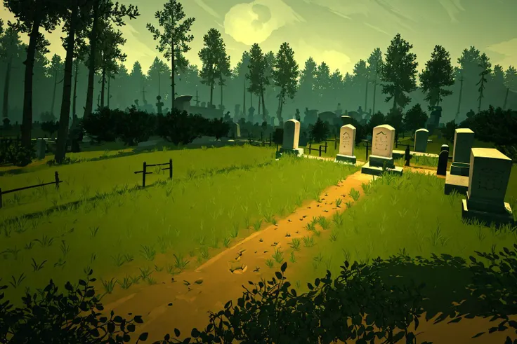 masterpiece, ultra-detailed, best quality, illustration, 8k cg wallpaper, an extremely delicate and beautiful, stunning landscape, graveyard, gravestones, dirt path, lanterns, candles, intricately detailed items in background, <lora:Firewatch:1>