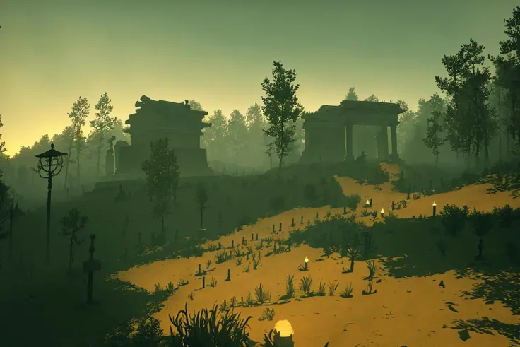 masterpiece, ultra-detailed, best quality, illustration, 8k cg wallpaper, an extremely delicate and beautiful, stunning landscape, graveyard, gravestones, dirt path, lanterns, candles, intricately detailed items in background, <lora:Firewatch:1>