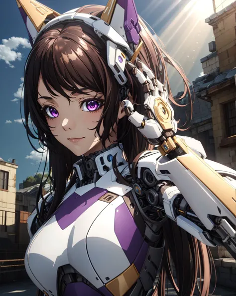 (masterpiece, best quality, high quality, highres, ultra-detailed), <lora:chara_Isleve_HoujouKaori_v1:0.8>, medium breasts, long brown hair, purple eyes, sexy pose, closed mouth, hand behind head, fantasy style, <lora:AMechaSSS:0.8>, mecha musume, mechanical parts, robot joints, headgear, 3d, light rays