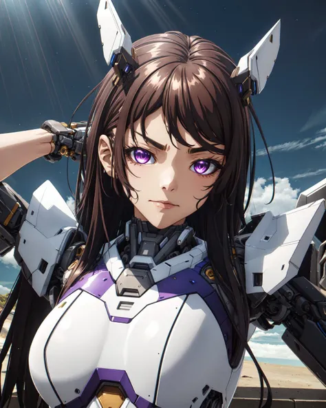 (masterpiece, best quality, high quality, highres, ultra-detailed), <lora:chara_Isleve_HoujouKaori_v1:0.8>, medium breasts, long brown hair, purple eyes, sexy pose, closed mouth, hand behind head, fantasy style, <lora:AMechaSSS:0.8>, mecha musume, mechanical parts, robot joints, headgear, 3d, light rays, glare