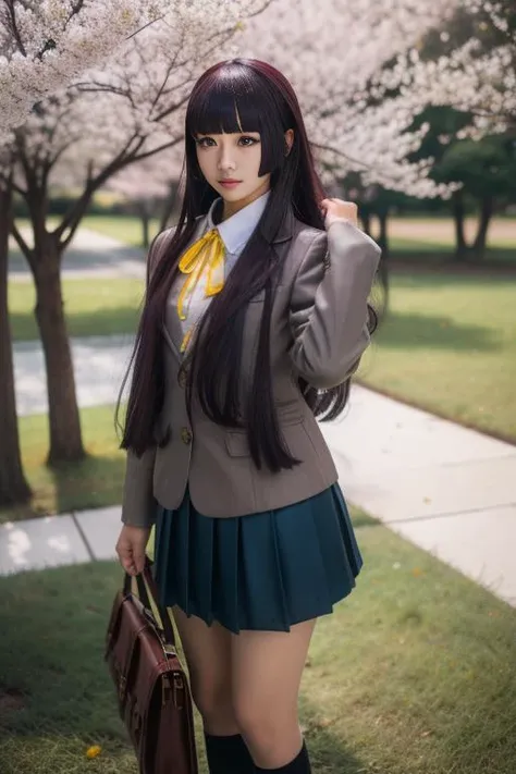 ultra-detailed,highly detailed,best quality,masterpiece,illustration,
gokou ruri, 1girl, solo, long hair, blue skirt, school uniform, outdoors, jacket, bangs, socks, pleated skirt, tree, long sleeves, holding, black hair, blunt bangs, cherry blossoms, standing, day, cosplay, blazer, straight hair, hime cut, looking at viewer, very long hair, coat, collared shirt, ribbon, autumn, yellow ribbon, cowboy shot,
<lora:gokou ruri_v1_02:1.0>