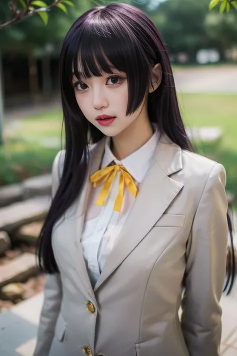 ultra-detailed,highly detailed,best quality,masterpiece,illustration,
gokou ruri, 1girl, solo, cosplay, school uniform,
very long hair, blunt bangs, straight hair, hime cut,
long sleeves,blazer,coat, collared shirt, yellow ribbon,
nature,river,bamboo forest,upper body,
<lora:gokou ruri_v1_06:0.7>