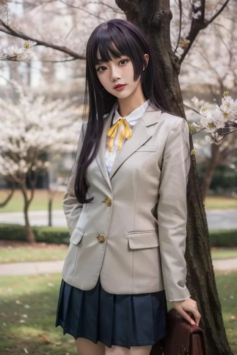 ultra-detailed,highly detailed,best quality,masterpiece,illustration,
gokou ruri, 1girl, solo, cosplay, school uniform,
very long hair, blunt bangs, straight hair, hime cut, coat, collared shirt, yellow ribbon,
socks, pleated skirt, long sleeves,blazer,
outdoors,tree, cherry blossoms, standing, looking at viewer,autumn,cowboy shot,
<lora:gokou ruri_v1_06:0.7>