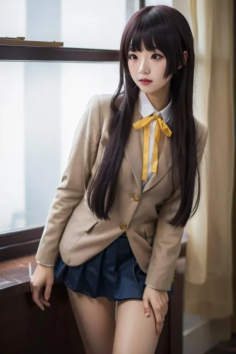 ultra-detailed,highly detailed,best quality,masterpiece,illustration,
gokou ruri, 1girl, solo,  cosplay, school uniform, 
 very long hair, blunt bangs, straight hair,  hime cut, coat, collared shirt,  yellow ribbon, 
socks, pleated skirt, long sleeves,blazer,
indoors,cowboy shot, 
 <lora:gokou ruri_v1_06:0.7>