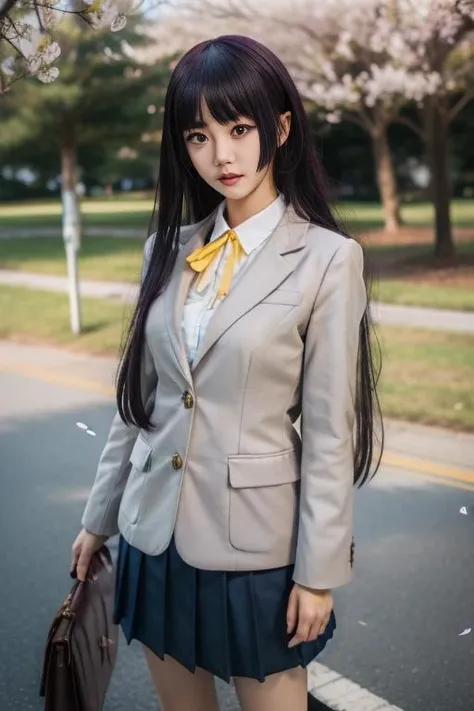 ultra-detailed,highly detailed,best quality,masterpiece,illustration,
gokou ruri, 1girl, solo,  cosplay, school uniform, 
long hair, outdoors,bangs, socks, pleated skirt, tree, long sleeves, blunt bangs, cherry blossoms, standing, day,blazer, straight hair,  hime cut, looking at viewer, very long hair, coat, collared shirt, ribbon, autumn, yellow ribbon, cowboy shot, 
 <lora:gokou ruri_v1_06:0.7>
