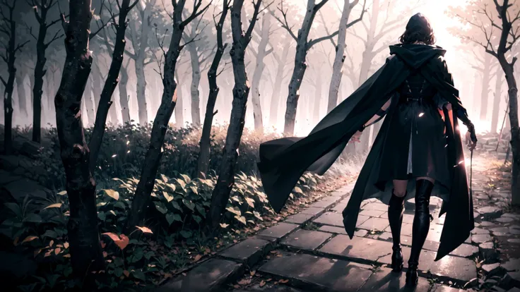 (masterpice, best quality, high resolution, dynamic lighting, :1.3), <lora:Melina:1> , Melina walking, cloak, hooded cloak, boots,hood up, dark forest,