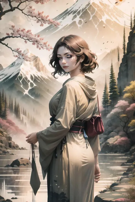 Highly detailed, High Quality, Masterpiece, beautiful, 1girl, solo, Melina, <lora:Melina:1>, white background, scenery, ink, mountains, water, trees, <lora:Style_InkScenery:1>, yukata, furisode, <lora:Outfit_Kimono:1>, orange eye