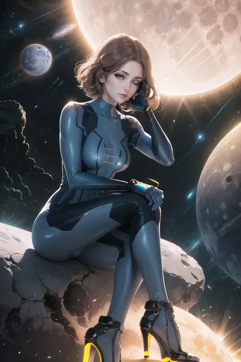 Highly detailed, High Quality, Masterpiece, beautiful, 1girl, solo, Melina, <lora:Melina:0.8>, zero suit, blue gloves, high heels, <lora:Outfit_ZeroSuit:0.9>, space, spacecraft, earth \(planet\), sun, moon, star \(sky\), sitting, worried, orange eyes