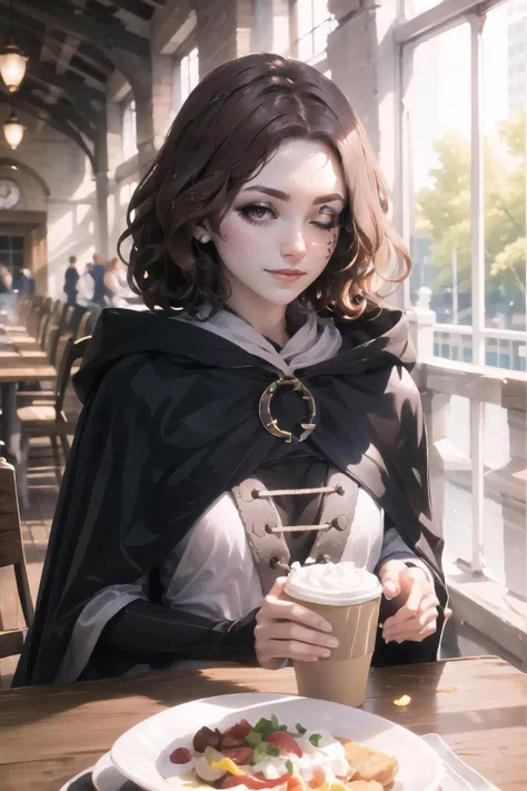 Highly detailed, High Quality, Masterpiece, beautiful, 1girl, solo, Melina, <lora:Melina:1>, cloak, hooded cloak, smile, food, simple background, elbows on table, cup, blurry background, indoors, upper body, <lora:Pos_AcrossTable:1>, orange eye