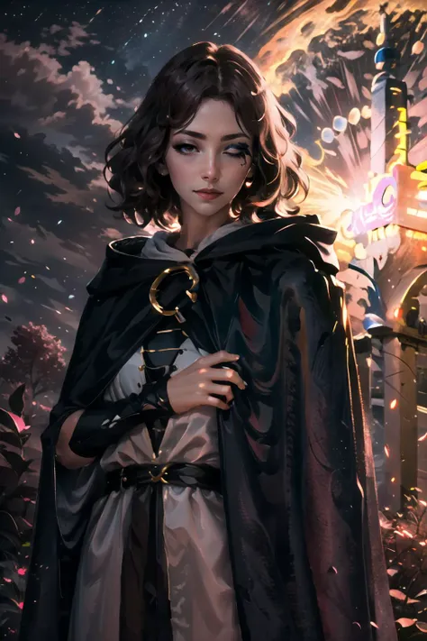 Highly detailed, High Quality, Masterpiece, beautiful, 1girl, solo, Melina, <lora:Melina:1>, cloak, hooded cloak, smile, blush, starry, strry light, night, colorful, cloud, star \(sky\), <lora:Style_LightCoatCG:1>