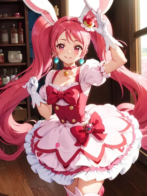 masterpiece, best quality, full_body, looking_at_viewer, cowboy shot, smile,
1girl, <lora:locon_cure_whip_1:0.85>, cure whip, twintails, pink dress, hair ornament, white gloves, pom pom earrings, pink choker, red boots,