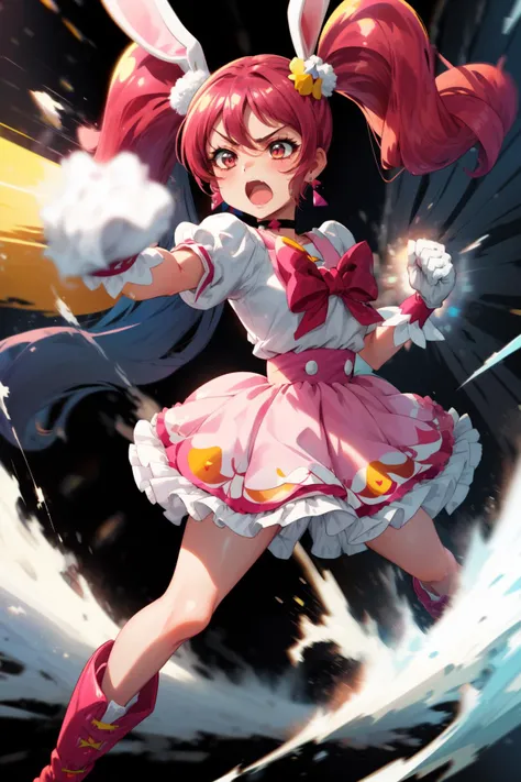 masterpiece,best quality,1girl,cure whip,twintails,pink dress,hair ornament,white gloves,pom pom earrings,pink choker,red boots,(serious,shouting),fighting stance,action pose,attack,punching,motion lines,motion blur,blast wave,cowboy shot,<lora:locon_cure_whip_1_1:0.9>,