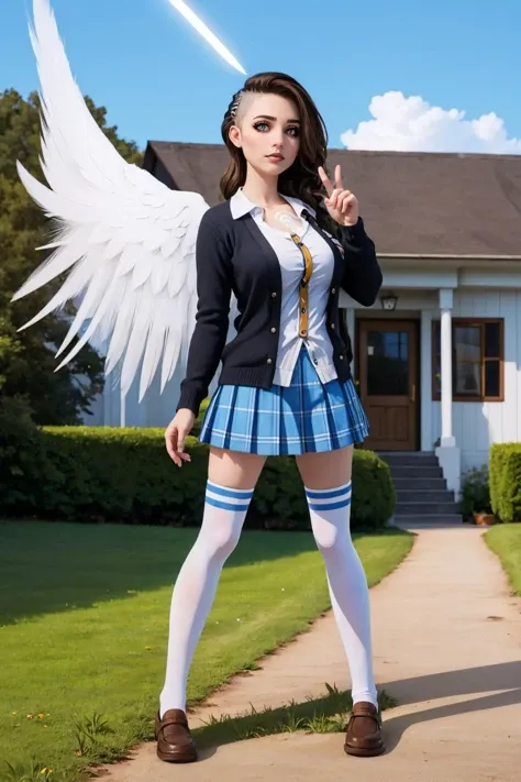 masterpiece, best quality, <lora:sportkhth:.95>, sportkhth, 1girl, solo, thighhighs, looking at viewer,  light particles, glowing,  <lora:angelbl:0.95> angelbl, tattoo, asymmetrical hair, skirt, school uniform, breasts, skirt, outdoors, school, cardigan,