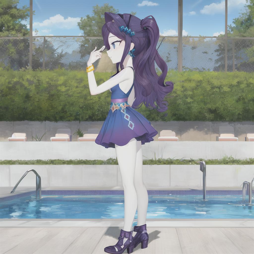 A woman in a purple dress standing next to a pool - SeaArt AI