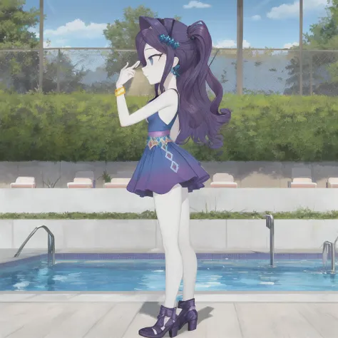 mlprarity, colored skin, hair ornament, dress, jewelry, bracelet, masterpiece,best quality,1girl,mlprarity,colored skin,hair ornament,purple hair,blue eyes,jewelry,bracelet,expressionless,poolside,standing,arm up,from side,<lora:mlp_rarity:0.9>,