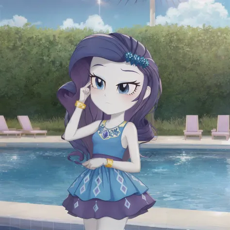 mlprarity, colored skin, hair ornament, dress, jewelry, bracelet, masterpiece,best quality,1girl,mlprarity,colored skin,hair ornament,purple hair,blue eyes,jewelry,bracelet,expressionless,poolside,standing,arm up,from side,<lora:mlp_rarity:0.9>,