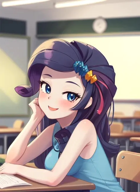 (masterpiece, best quality:1.2), <lora:mlp_rarity-10:1>, 1girl, mlprarity, purple hair, hair ornament, blue eyes, medium breast, blue dress, classroom, looking at viewer, nice smile