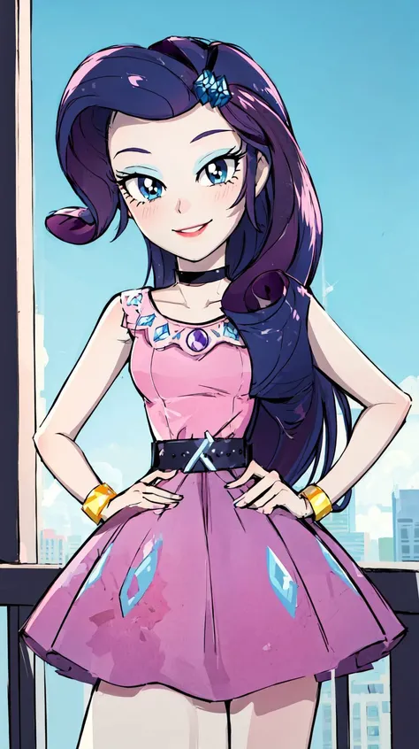 UNICODE(masterpiece, best quality:1.2),&lt;�lora:mlp_rarity-10:1&gt;,cowboy shot,female,solo,1girl,mlprarity,smile,looking at viewer,hands on hips,hair ornament,dress,jewelry,bracelet,highres,masterpiece,perfect ligthing,bloom,cinematic lighting,adult,perfect skin,narrow waist,skinny,choker,detailed eyes,blue eyes,choker,sensual,pink lips,((glossy lips)),pursed lips,pink pumps,glossy skin,oily skin,beautiful light,(day:1.3),bright,looking at viewer,city streets,