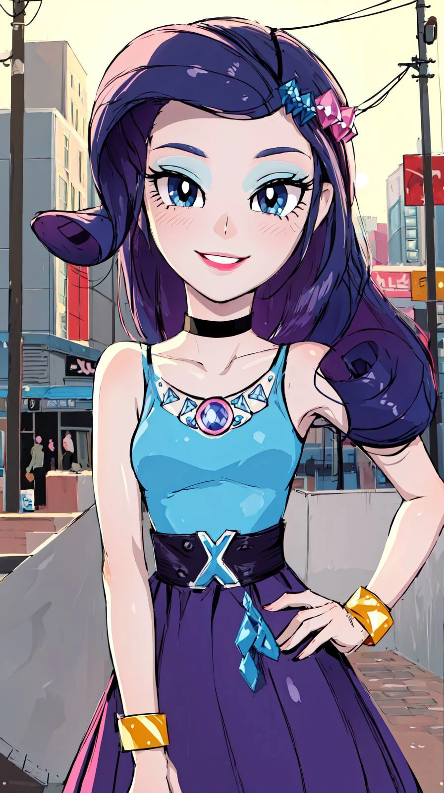 UNICODE(masterpiece, best quality:1.2),<�lora:mlp_rarity-10:1>,cowboy shot,female,solo,1girl,mlprarity,smile,looking at viewer,hands on hips,hair ornament,dress,jewelry,bracelet,highres,masterpiece,perfect ligthing,bloom,cinematic lighting,adult,perfect skin,narrow waist,skinny,choker,detailed eyes,blue eyes,choker,sensual,pink lips,((glossy lips)),pursed lips,pink pumps,glossy skin,oily skin,beautiful light,(day:1.3),bright,looking at viewer,city streets,